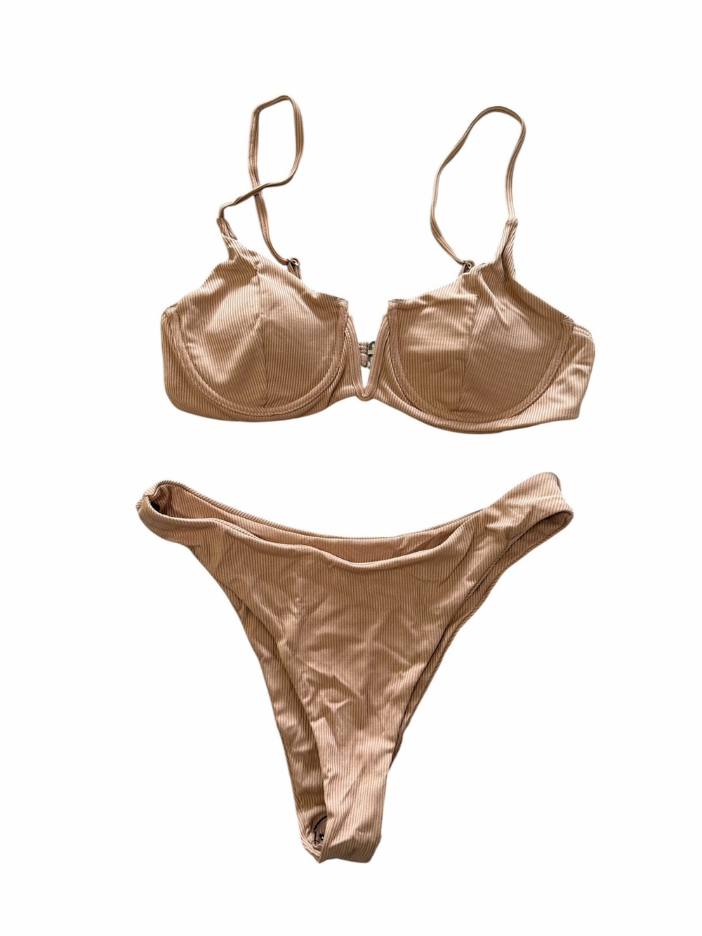Women's Tan Ribbed Tiny Two Piece Bikini Size M #260316